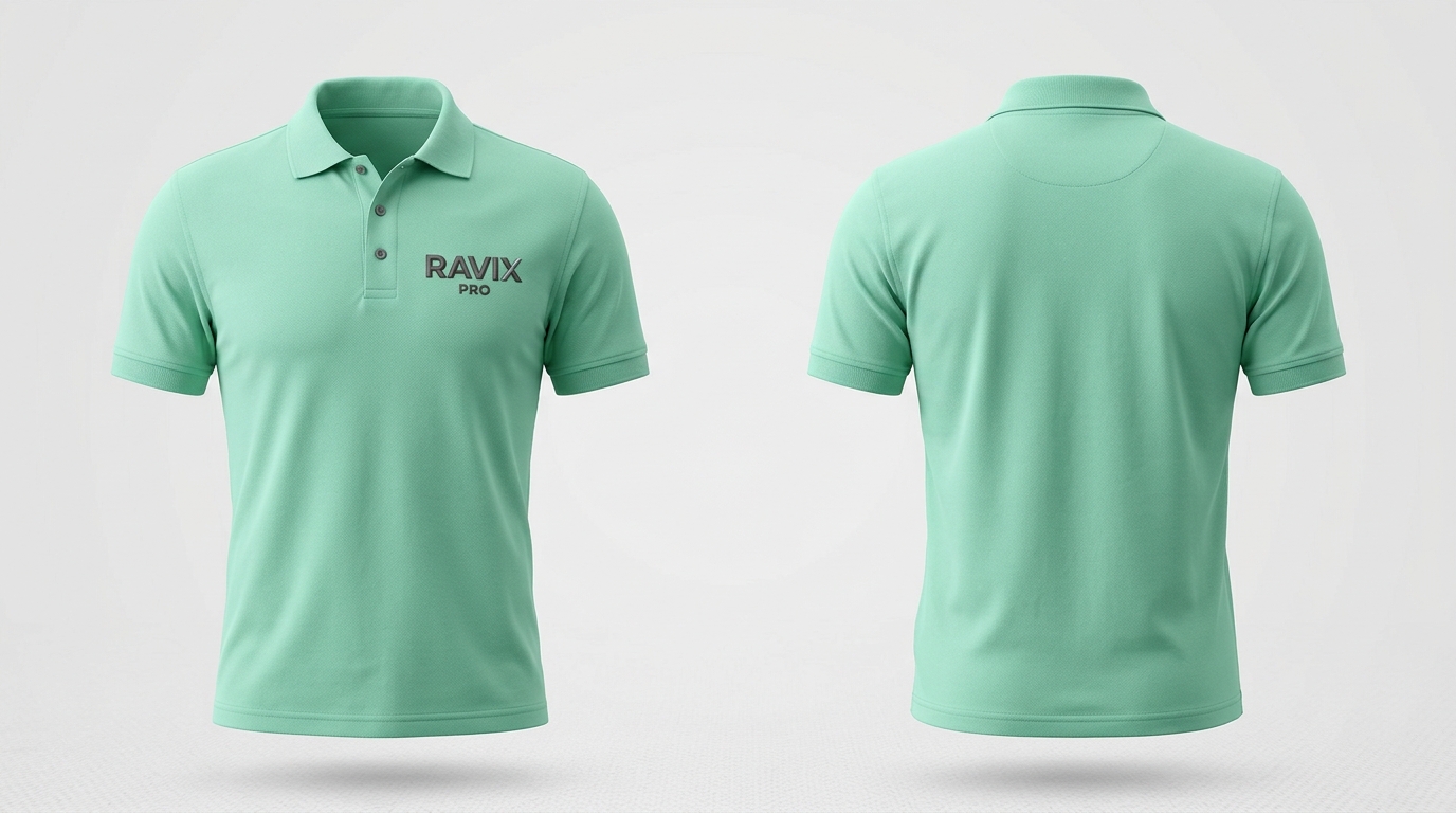 Custom Mint Green Polo with Small Logo Custom Mint Green Polo with Small Logo – front and back view, custom manufactured by Ravix Pro Industry, Sialkot