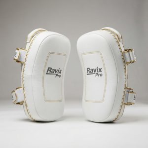Custom White and Gold Thai Pads – front and back view, custom manufactured by Ravix Pro Industry, Sialkot