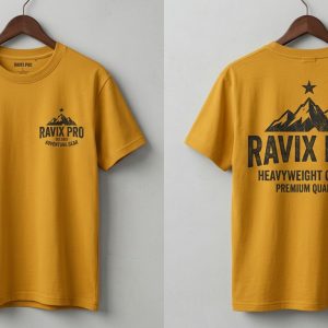 Custom Mustard Heavyweight Tee with Mountain Graphic – front and back view, custom manufactured by Ravix Pro Industry, Sialkot