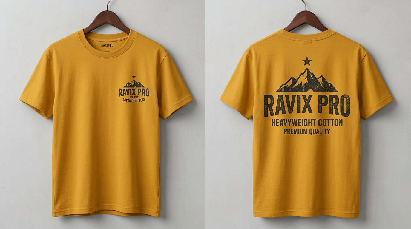 Custom Mustard Heavyweight Tee with Mountain Graphic Custom Mustard Heavyweight Tee with Mountain Graphic – front and back view, custom manufactured by Ravix Pro Industry, Sialkot