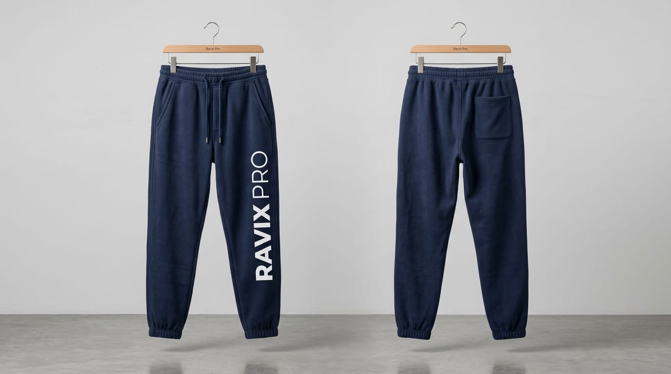 Custom Navy Joggers with Vertical Leg Print Custom Navy Joggers with Vertical Leg Print – front and back view, custom manufactured by Ravix Pro Industry, Sialkot