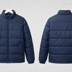 Custom Plain Navy Puffer Jacket – front and back view, custom manufactured by Ravix Pro Industry, Sialkot