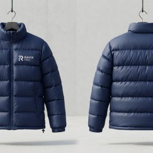Custom Navy Puffer Jacket with Chest Logo – front and back view, custom manufactured by Ravix Pro Industry, Sialkot