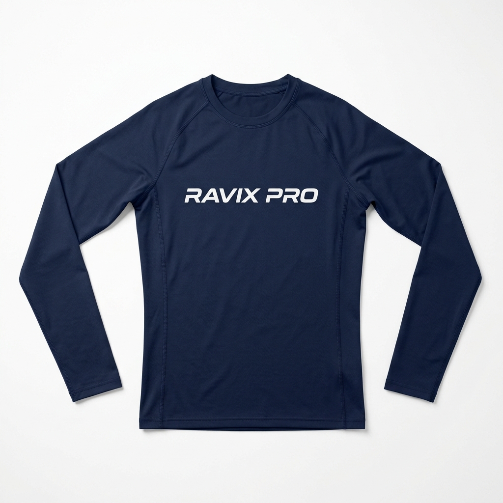 Custom Navy Long Sleeve Compression Top Custom Navy Long Sleeve Compression Top – front and back view, custom manufactured by Ravix Pro Industry, Sialkot