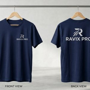 Custom Navy Tee with White Chest and Back Logo – front and back view, custom manufactured by Ravix Pro Industry, Sialkot