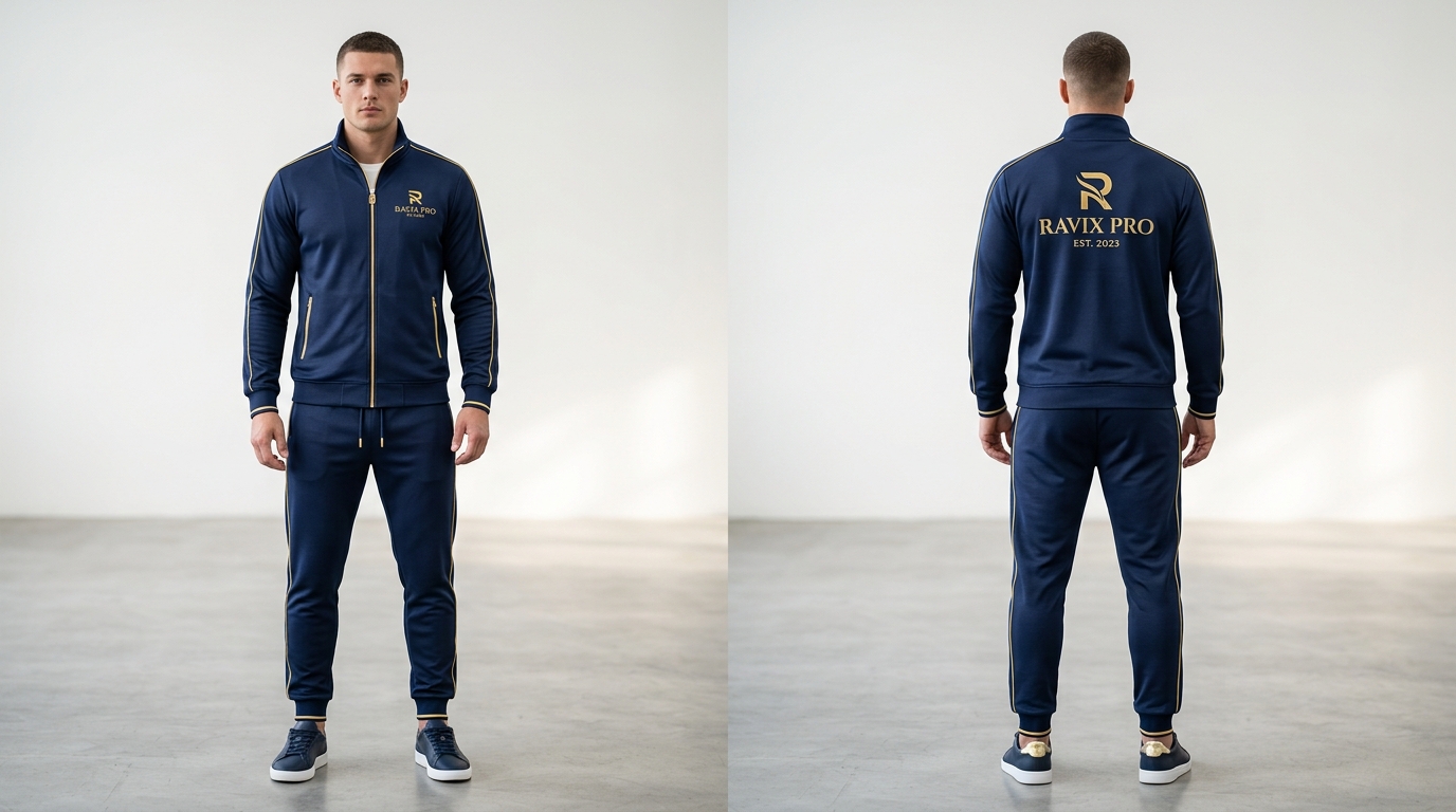 Custom Navy Tracksuit with Gold Back Logo Custom Navy Tracksuit with Gold Back Logo – front and back view, custom manufactured by Ravix Pro Industry, Sialkot