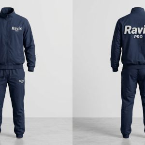 Custom Navy Tracksuit with Script Logo – front and back view, custom manufactured by Ravix Pro Industry, Sialkot