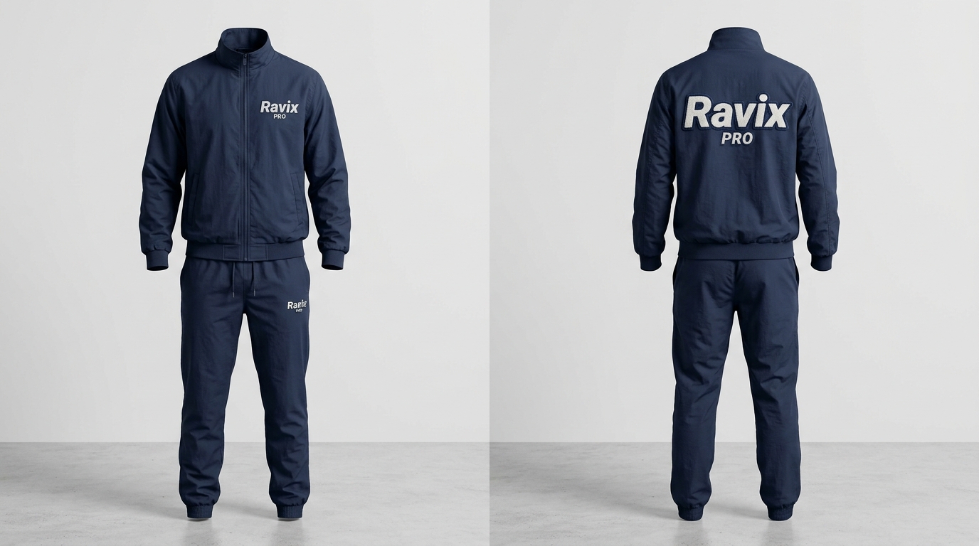 Custom Navy Tracksuit with Script Logo Custom Navy Tracksuit with Script Logo – front and back view, custom manufactured by Ravix Pro Industry, Sialkot