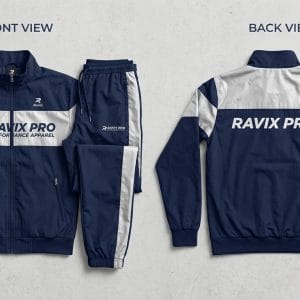 Custom Navy and Grey Colour-Block Windbreaker Tracksuit – front and back view, custom manufactured by Ravix Pro Industry, Sialkot