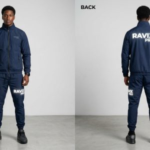 Custom Navy Tracksuit with Leg and Back Print – front and back view, custom manufactured by Ravix Pro Industry, Sialkot