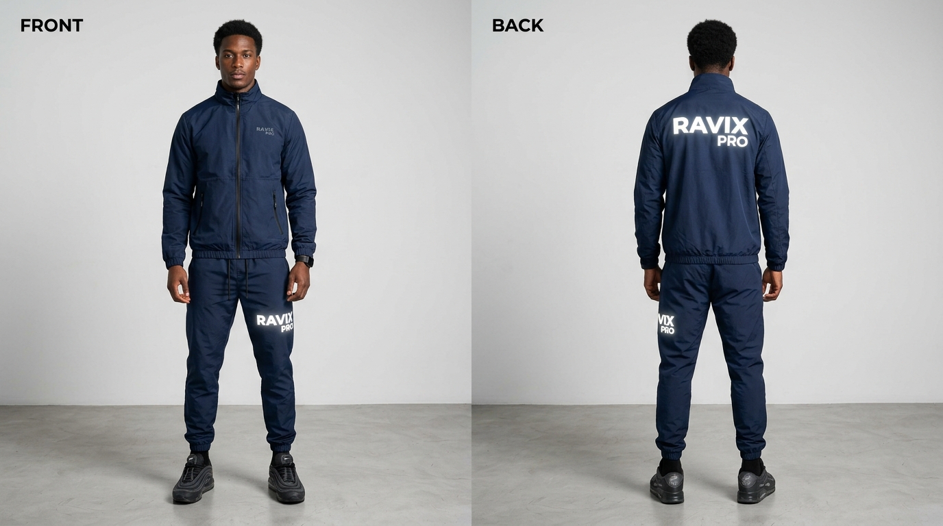Custom Navy Tracksuit with Leg and Back Print Custom Navy Tracksuit with Leg and Back Print – front and back view, custom manufactured by Ravix Pro Industry, Sialkot