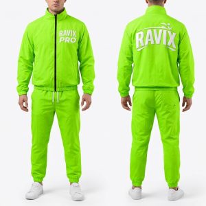 Custom Neon Green Tracksuit with White Print – front and back view, custom manufactured by Ravix Pro Industry, Sialkot