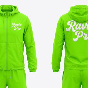 Custom Lime Green Hooded Tracksuit with Script – front and back view, custom manufactured by Ravix Pro Industry, Sialkot