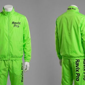 Custom Neon Green Windbreaker Tracksuit – front and back view, custom manufactured by Ravix Pro Industry, Sialkot