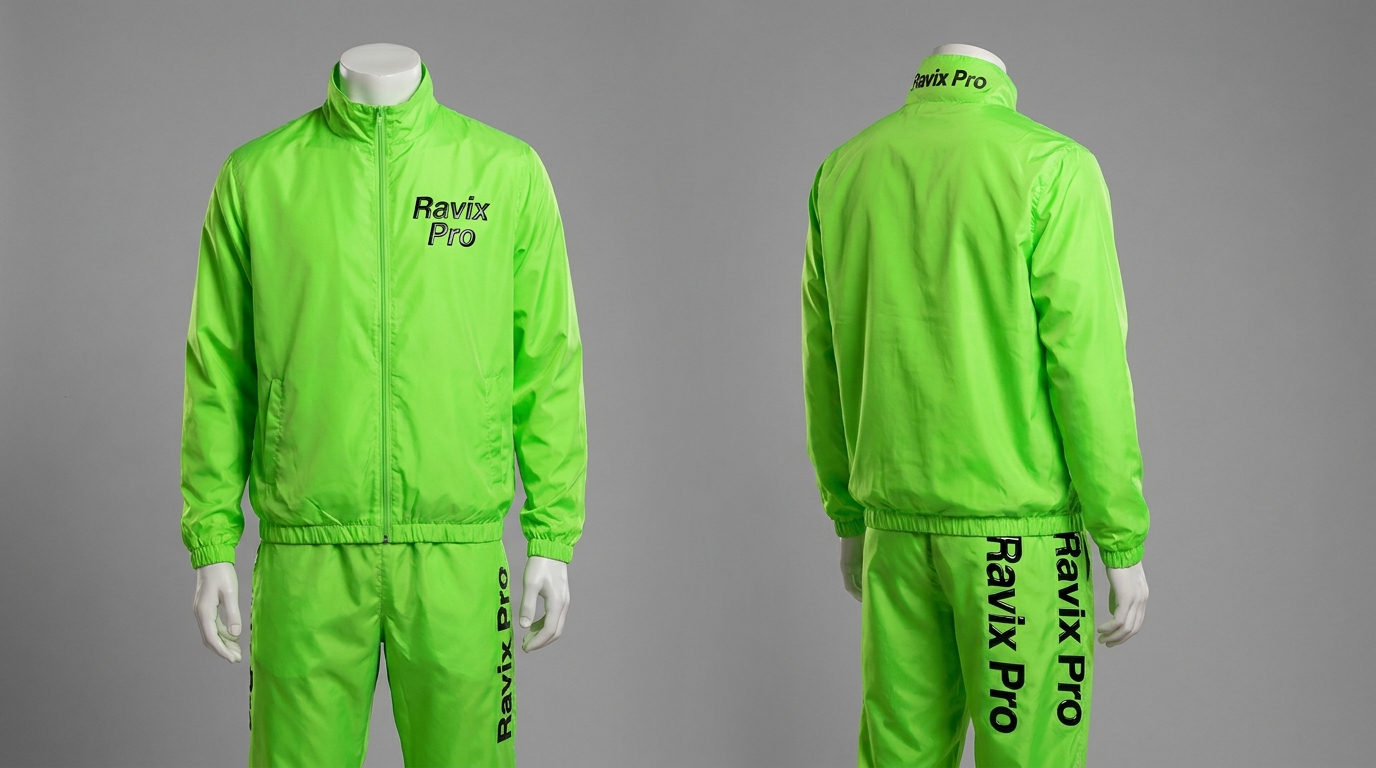 Custom Neon Green Windbreaker Tracksuit Custom Neon Green Windbreaker Tracksuit – front and back view, custom manufactured by Ravix Pro Industry, Sialkot