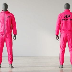 Custom Hot Pink Tracksuit with Black Stripes – front and back view, custom manufactured by Ravix Pro Industry, Sialkot