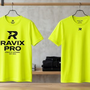 Custom Neon Yellow Performance Tee – front and back view, custom manufactured by Ravix Pro Industry, Sialkot