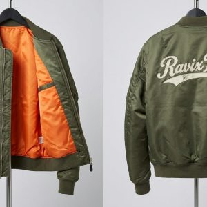 Custom Olive MA-1 Bomber with Cream Script – front and back view, custom manufactured by Ravix Pro Industry, Sialkot