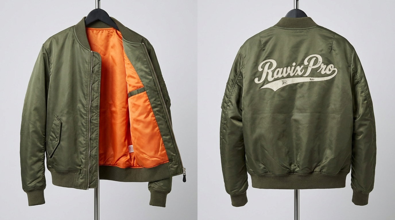 Custom Olive MA-1 Bomber with Cream Script Custom Olive MA-1 Bomber with Cream Script – front and back view, custom manufactured by Ravix Pro Industry, Sialkot