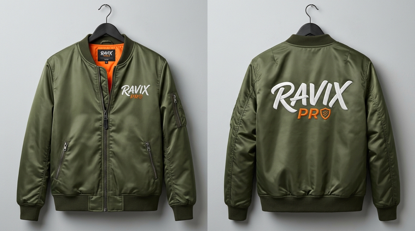 Custom Olive Bomber Jacket with Orange Logo Custom Olive Bomber Jacket with Orange Logo – front and back view, custom manufactured by Ravix Pro Industry, Sialkot