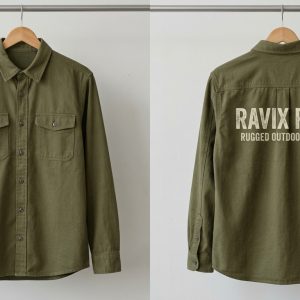 Custom Olive Utility Overshirt with Back Print – front and back view, custom manufactured by Ravix Pro Industry, Sialkot