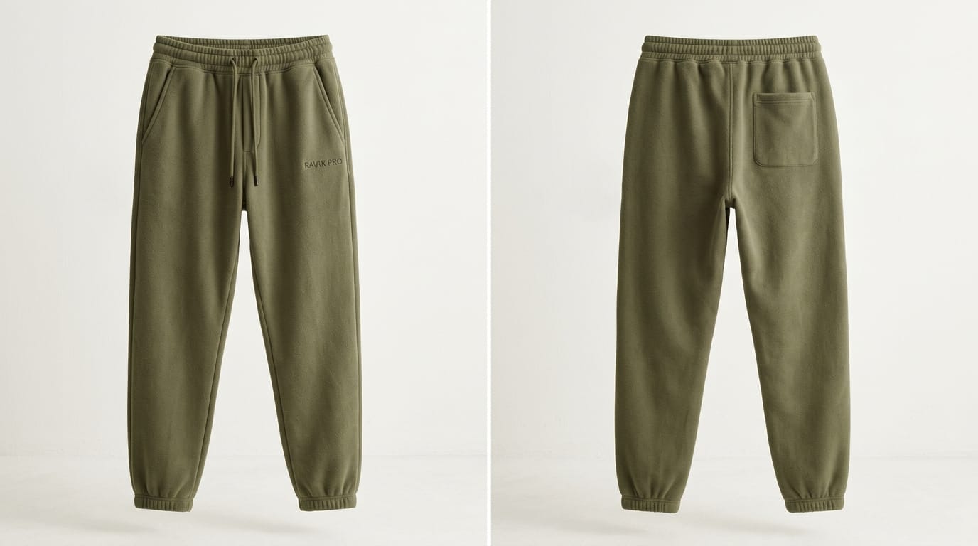 Custom Olive Fleece Joggers Custom Olive Fleece Joggers – front and back view, custom manufactured by Ravix Pro Industry, Sialkot