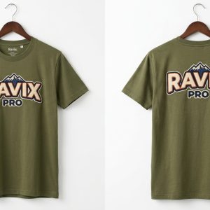 Custom Olive Tee with Mountain Logo Front and Back – front and back view, custom manufactured by Ravix Pro Industry, Sialkot