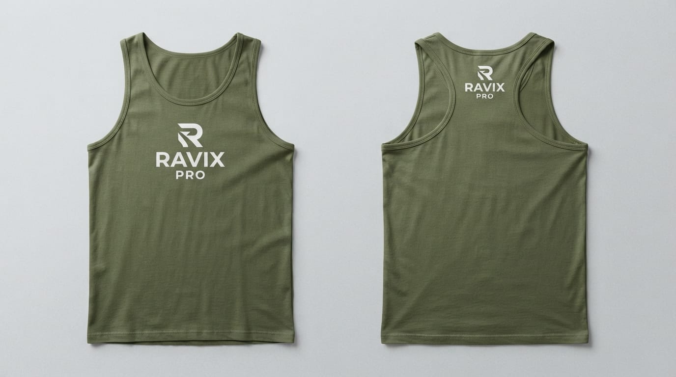Custom Olive Green Utility Tank Top with Logo Custom Olive Green Utility Tank Top with Logo – front and back view, custom manufactured by Ravix Pro Industry, Sialkot