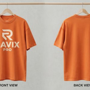 Custom Orange T-Shirt with White Logo – front and back view, custom manufactured by Ravix Pro Industry, Sialkot