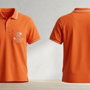 Custom Orange Polo Shirt with Tipped Collar and Pocket Logo – front and back view, custom manufactured by Ravix Pro Industry, Sialkot
