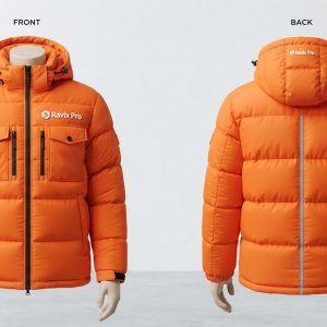 Custom Orange Hooded Puffer with Utility Pockets – front and back view, custom manufactured by Ravix Pro Industry, Sialkot