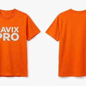 Custom Orange Tee with Bold White Logo – front and back view, custom manufactured by Ravix Pro Industry, Sialkot