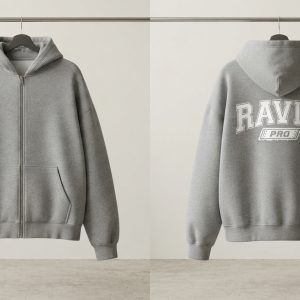 Custom Grey Zip Hoodie with Back Print – front and back view, custom manufactured by Ravix Pro Industry, Sialkot