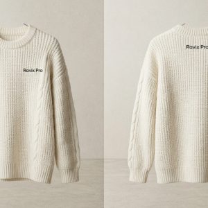 Custom Cream Cable Knit Sweater with Embroidered Logo – front and back view, custom manufactured by Ravix Pro Industry, Sialkot