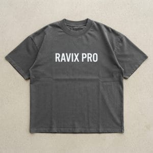 Custom Faded Black Boxy Heavyweight Tee – front and back view, custom manufactured by Ravix Pro Industry, Sialkot