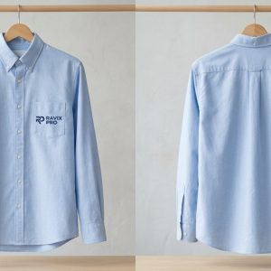 Custom Light Blue Button Down Shirt with Pocket Logo – front and back view, custom manufactured by Ravix Pro Industry, Sialkot
