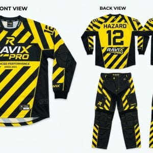 Custom Padded Paintball Jersey and Pants – Hazard Stripe – front and back view, custom manufactured by Ravix Pro Industry, Sialkot