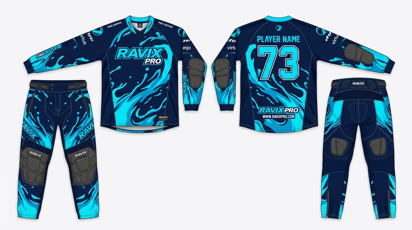 Custom Cyan Wave Paintball Jersey and Pants Custom Cyan Wave Paintball Jersey and Pants – front and back view, custom manufactured by Ravix Pro Industry, Sialkot