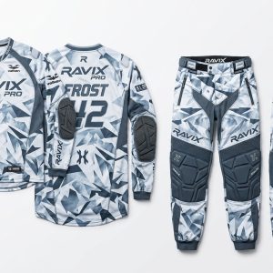 Custom Arctic Camo Paintball Uniform – front and back view, custom manufactured by Ravix Pro Industry, Sialkot