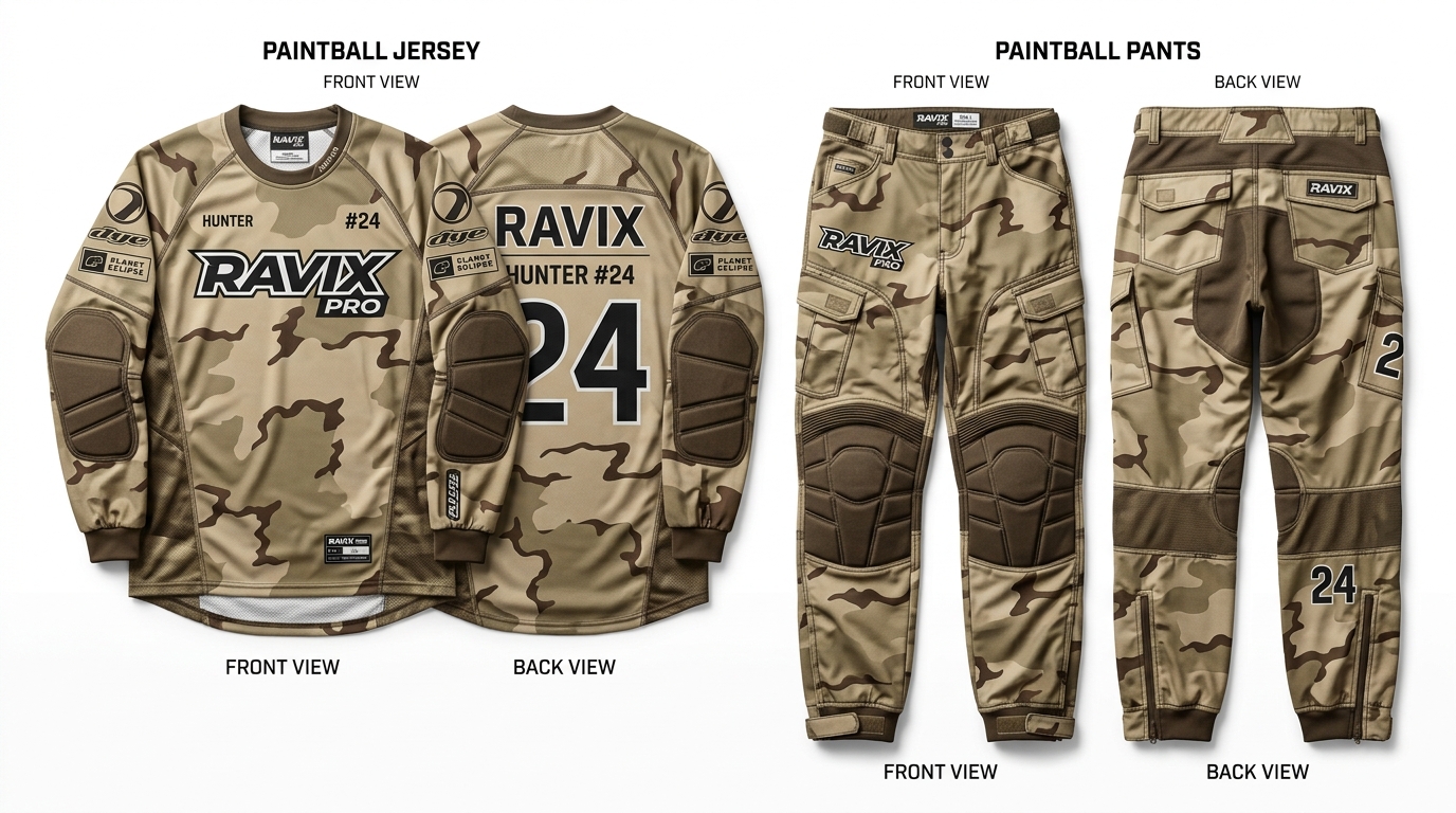 Custom Desert Camo Paintball Jersey and Pants Custom Desert Camo Paintball Jersey and Pants – front and back view, custom manufactured by Ravix Pro Industry, Sialkot