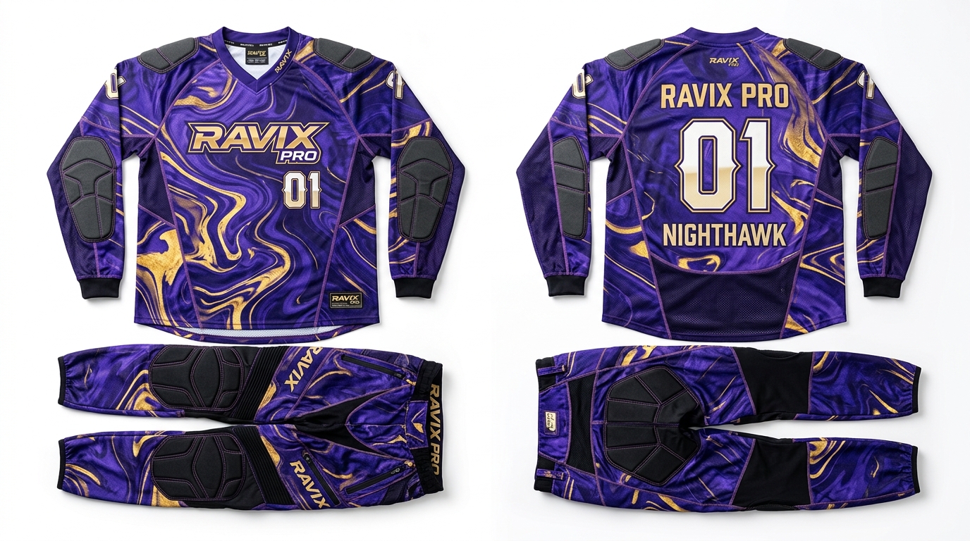 Custom Purple Marble Paintball Uniform Custom Purple Marble Paintball Uniform – front and back view, custom manufactured by Ravix Pro Industry, Sialkot