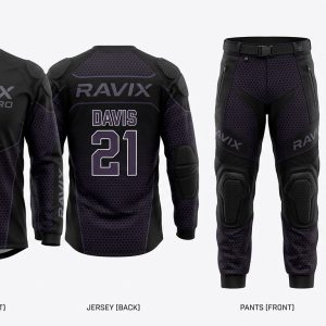 Custom Black Stealth Paintball Uniform – front and back view, custom manufactured by Ravix Pro Industry, Sialkot