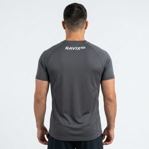 Custom Charcoal Men's Training Tee – front and back view, custom manufactured by Ravix Pro Industry, Sialkot