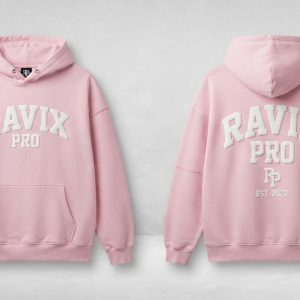 Custom Pink Oversized Hoodie with Puff Print – front and back view, custom manufactured by Ravix Pro Industry, Sialkot