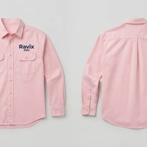 Custom Light Pink Utility Shirt with Embroidered Pocket Logo – front and back view, custom manufactured by Ravix Pro Industry, Sialkot