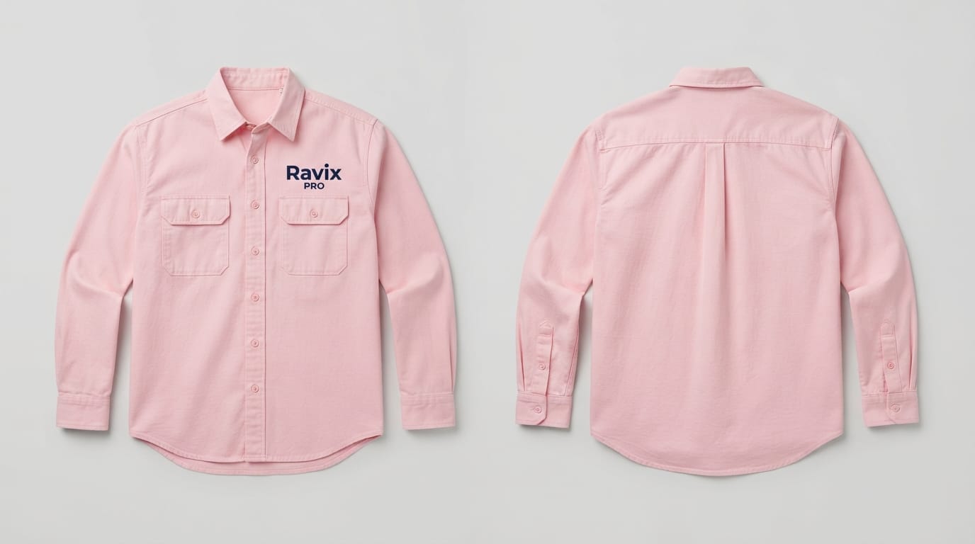 Custom Light Pink Utility Shirt with Embroidered Pocket Logo Custom Light Pink Utility Shirt with Embroidered Pocket Logo – front and back view, custom manufactured by Ravix Pro Industry, Sialkot