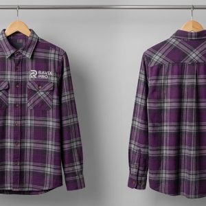 Custom Purple Plaid Flannel Shirt with Chest Logo – front and back view, custom manufactured by Ravix Pro Industry, Sialkot