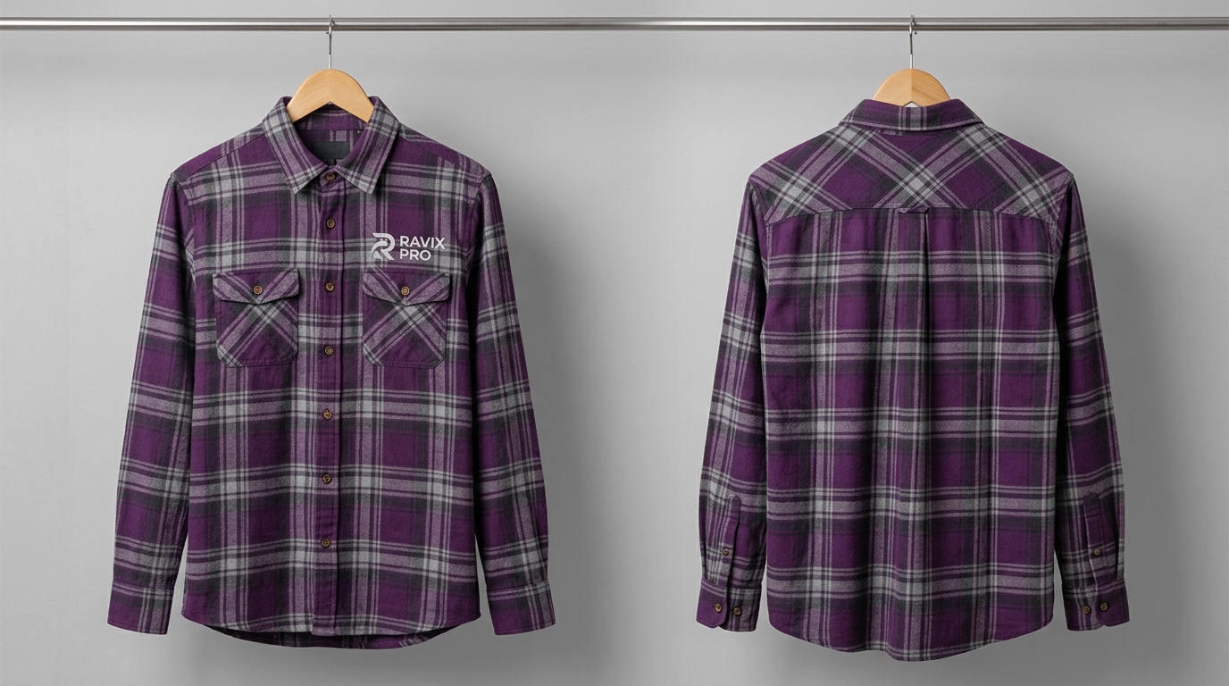 Custom Purple Plaid Flannel Shirt with Chest Logo Custom Purple Plaid Flannel Shirt with Chest Logo – front and back view, custom manufactured by Ravix Pro Industry, Sialkot