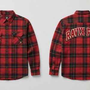 Custom Red Plaid Flannel with Arched Back Lettering – front and back view, custom manufactured by Ravix Pro Industry, Sialkot
