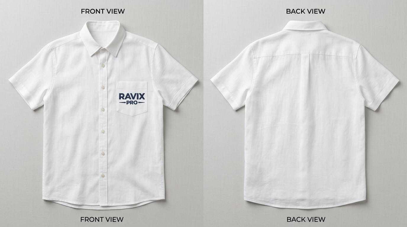 Custom White Short Sleeve Shirt with Chest Logo Custom White Short Sleeve Shirt with Chest Logo – front and back view, custom manufactured by Ravix Pro Industry, Sialkot